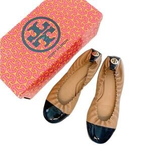 Tory Burch Melinda Ballet Flats Shoes Gold Leather Black Patent Cap Toe Size 6